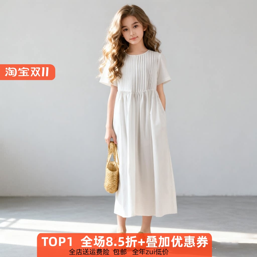 女童白色连衣裙黑色长裙学生夏装