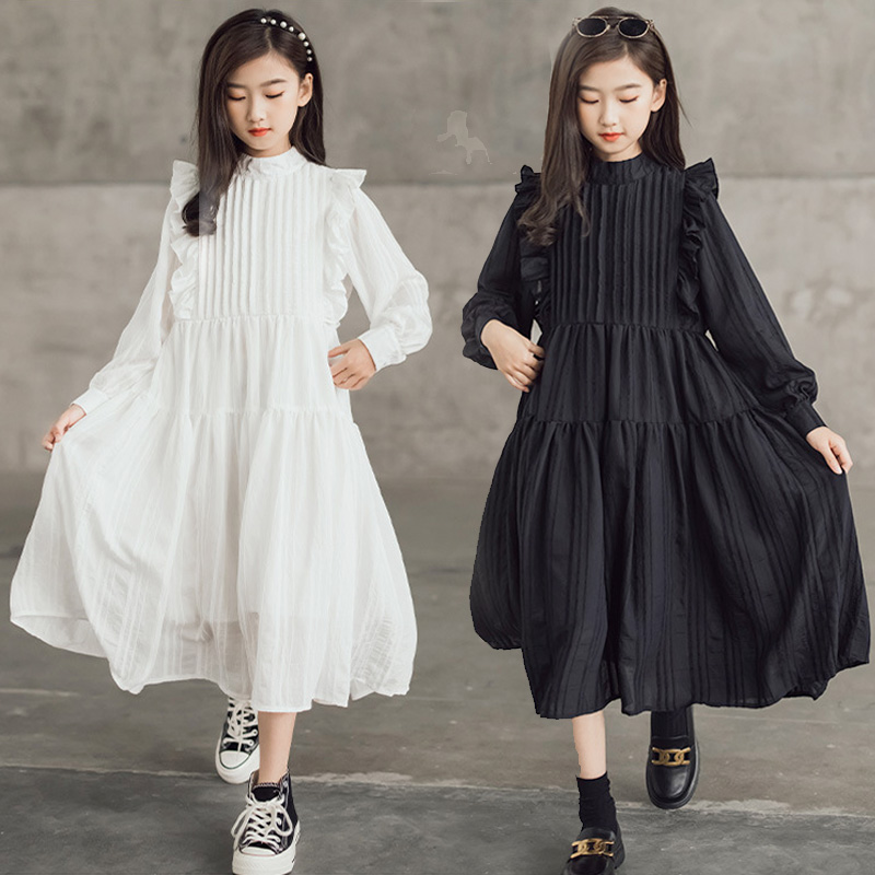 女童连衣裙春秋款2025新款长袖黑白色公主中大童洋气时髦仙女长裙