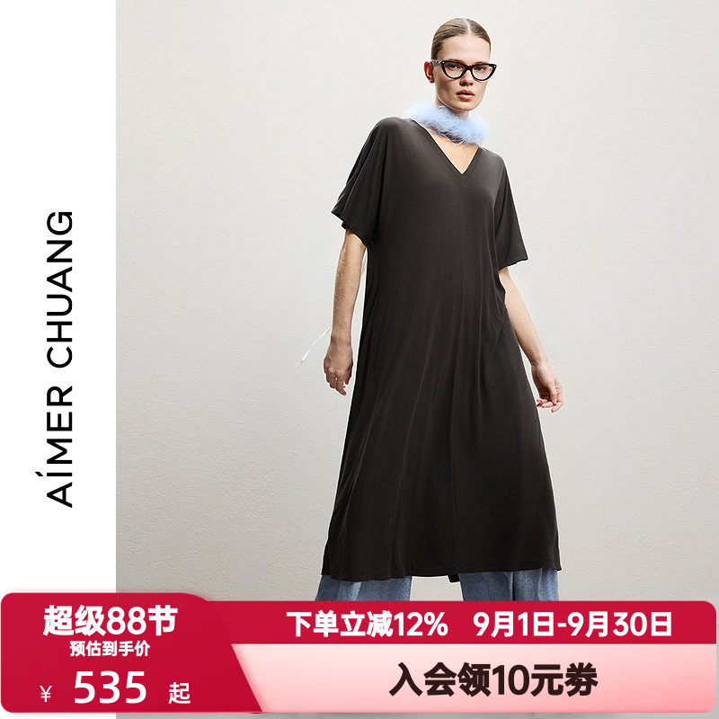 爱慕CHUANG春夏季女士空气冰奶皮圆领短袖两面穿连衣裙CA442261