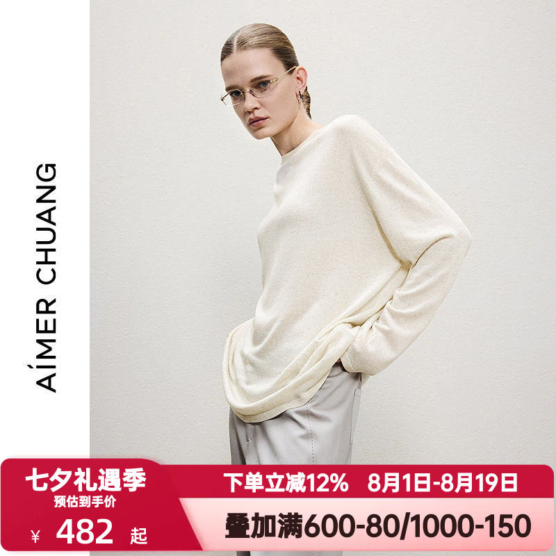 爱慕CHUANG相蕴3春秋季女士针织亚麻混纺圆领长袖上衣CA812272