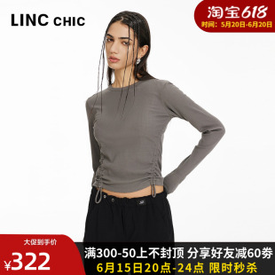 T恤女S241FK091Y 长袖 性感抽褶圆领修身 LINCCHIC金羽杰24年春新品