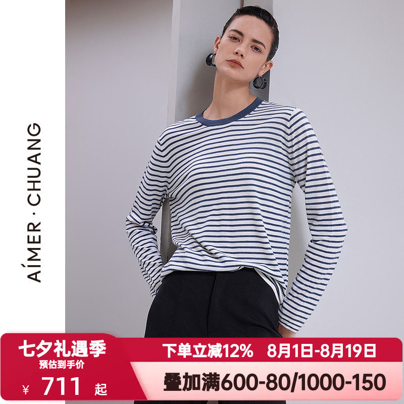 爱慕·CHUANG春秋季馈然6女含羊毛条纹圆领长袖打底上衣CA721863