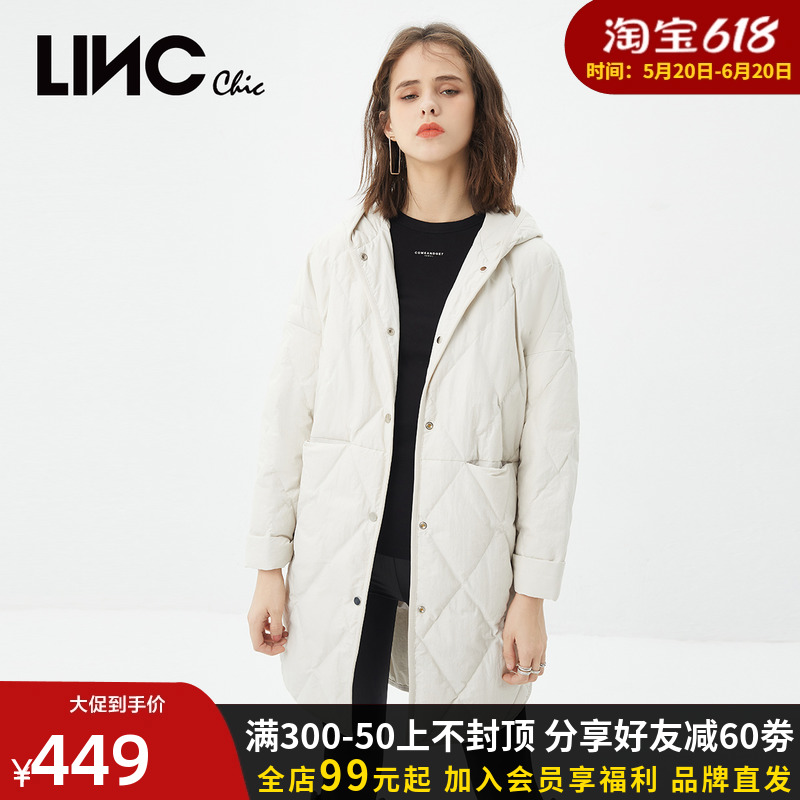 LINC金羽杰羽绒服女中长款2021年新款连帽轻薄鸭绒外套Y21803322Y