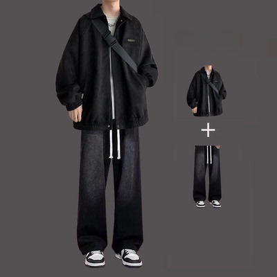 麂皮绒男士春秋高级感夹克套装