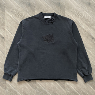 TUFF CROWD Hoodie 狗头刺绣印花洗水卷边圆领卫衣欧美潮