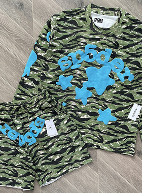 Sp5der 555555 复古迷彩蓝色发泡印花休闲长袖短裤套装