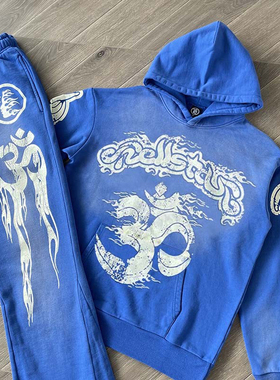 Hellstar Studios Blue Yoga Hoodie pants 洗水拼接休闲卫衣长裤