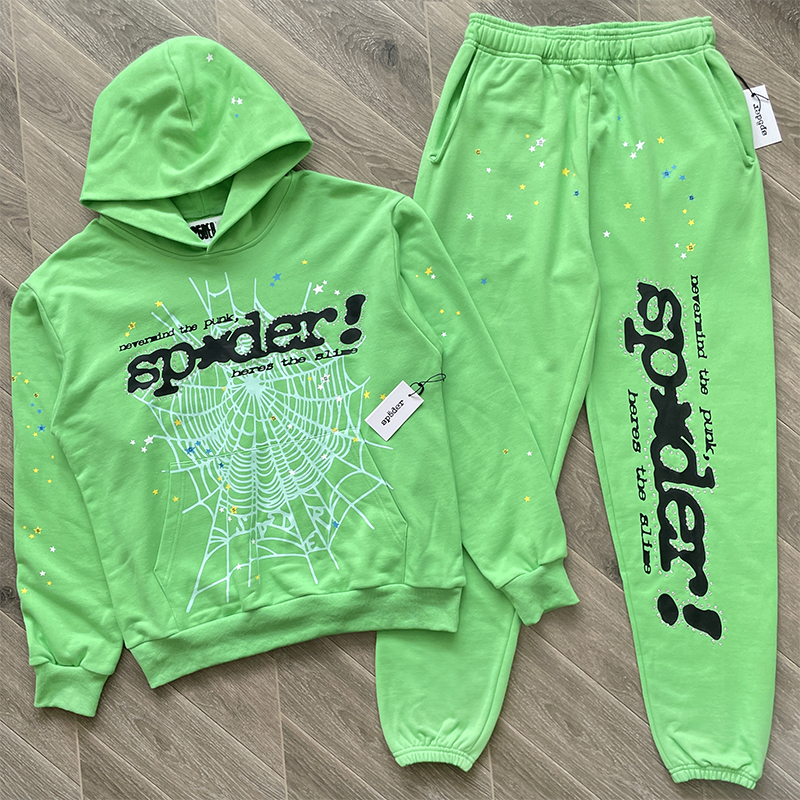 Sp5der worldwide 555555 蜘蛛网烫钻连帽卫衣长裤套装
