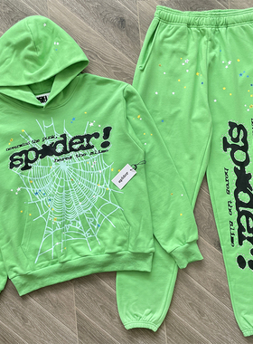 Sp5der worldwide 555555 蜘蛛网烫钻连帽卫衣长裤套装