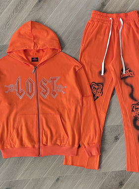 Lost intricacy Hoodies镶钻骷髅头洗水休闲拉链连帽卫衣长裤套装