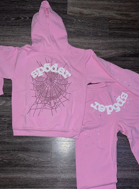 Sp5der 555555 pink OG Web Hoodie pants 蜘蛛网卫衣长裤套装
