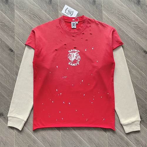 SAINT VANITY  洗水做旧破洞假两件长袖T恤欧美潮