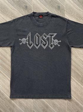 Lost intricacy 镶钻骷髅头洗水休闲男女款纯棉短袖T恤
