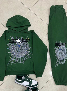 Sp5der 555555 Hunter Web Hoodie pant 蜘蛛网长裤卫衣套装潮牌