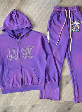 Lost intricacy  镶钻洗水休闲拉链连帽卫衣长裤套装