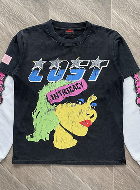 Lost intricacy 洗水复古风印花彩色烫钻纯棉长袖T恤