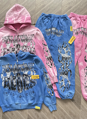 That's A Awful Lot of Cough Syrup火焰印花束脚长裤卫衣套装