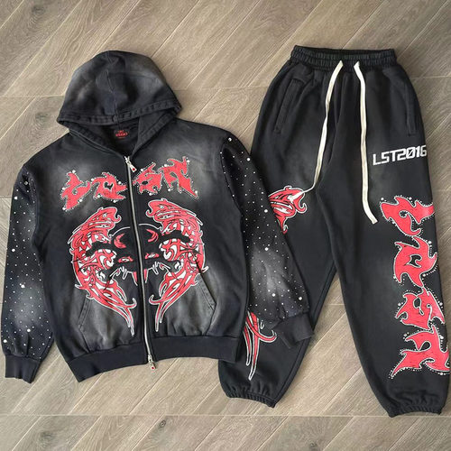 Lost intricacy Hoodies 镶钻洗水休闲拉链连帽卫衣长裤套装