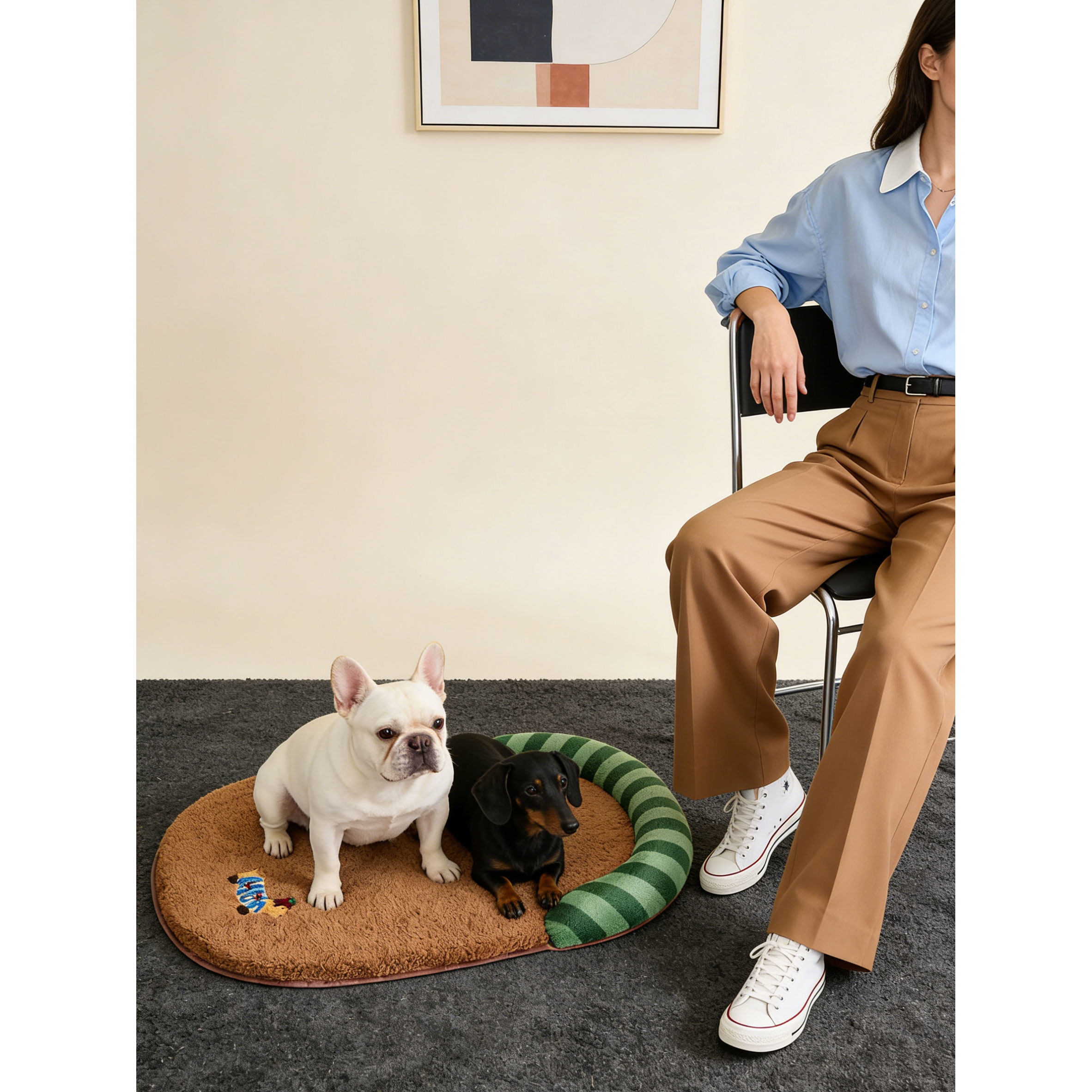 学院风条纹狗窝椭圆形宠物垫子室内小型犬舒适睡眠用品