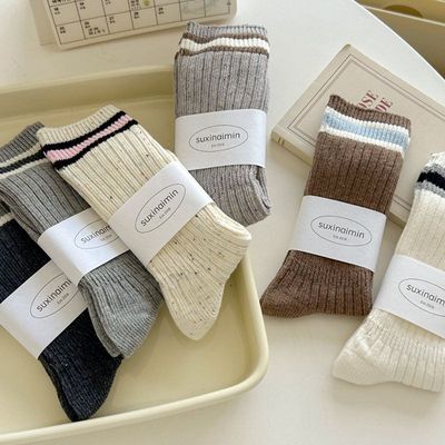 suxinaimin堆堆袜子女秋冬中筒ins潮点子纱粗针两杠条纹诸暨长袜