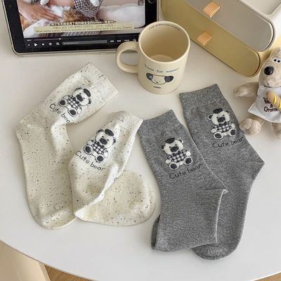 suxinaimin点子纱袜子女可爱植绒小熊中筒袜春秋季可爱条纹堆堆袜