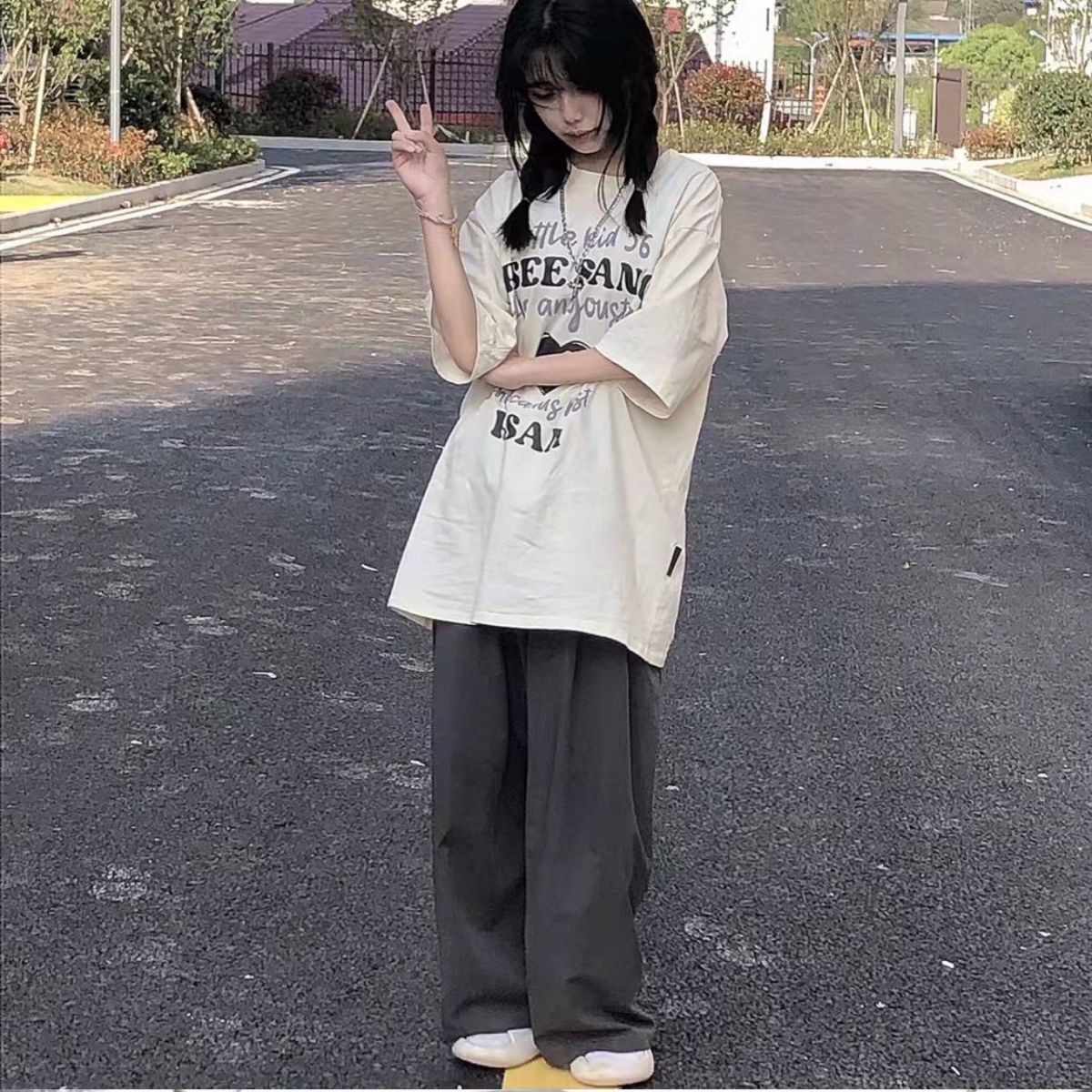 女童夏装2025新款潮牌套装中长款宽松短袖12岁中大童直筒阔腿裤子
