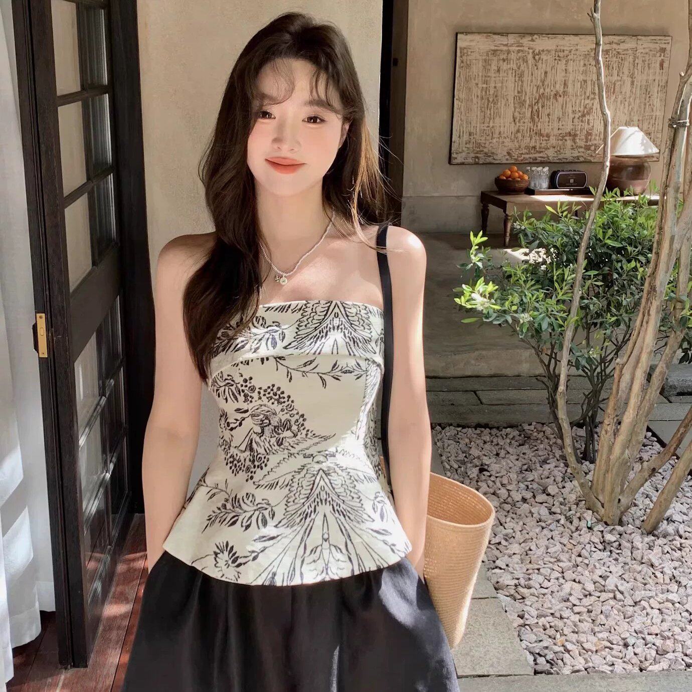 FOR WHY25SS赫本千金套装设计感印花抹胸显瘦小黑裙百搭半身裙