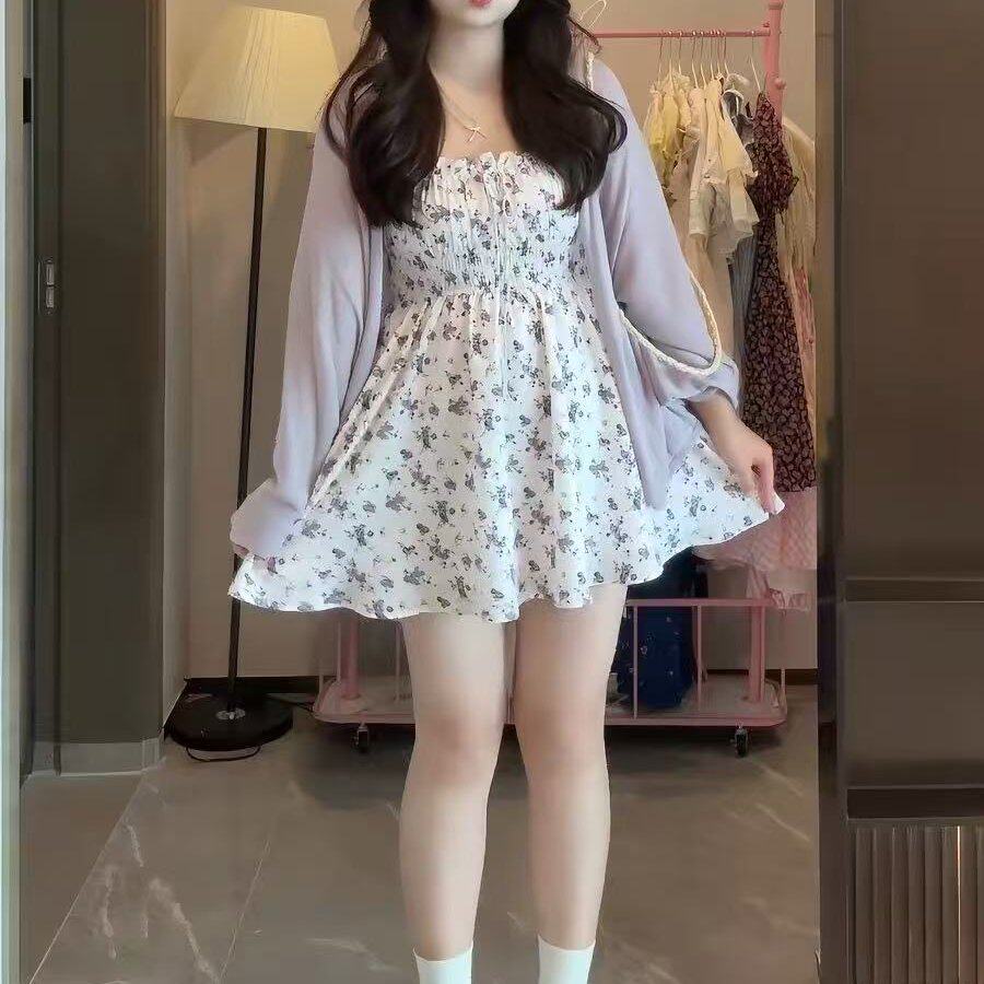 大码清新碎花吊带连衣裙夏季胖MM遮肉显瘦甜美防晒开衫裙子套装