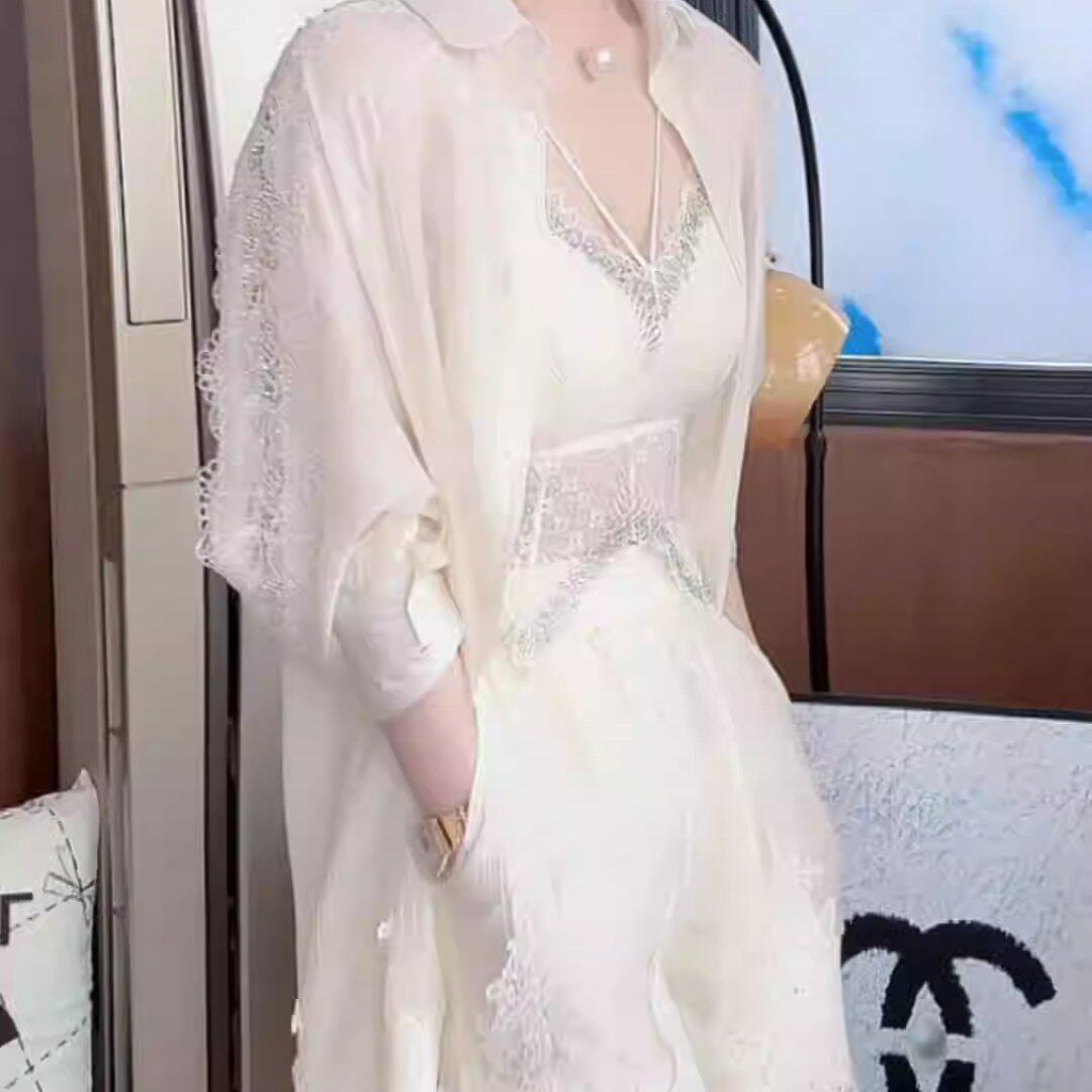 早春漂亮穿搭套装女2026新款蕾丝镂空拼接防晒衬衫短裤气质两件套