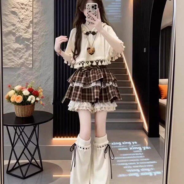 夏季穿搭一整套大码胖mm斗篷上衣背心格纹短裙裤学院风甜美套装女