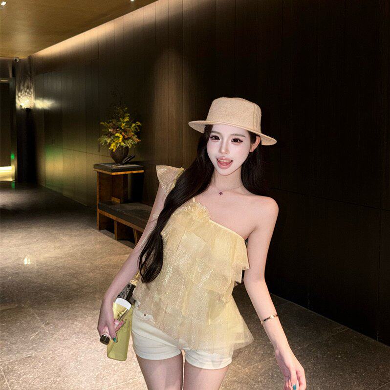 实拍~多层荷叶边露肩上衣女夏季抹胸吊带斜肩T恤