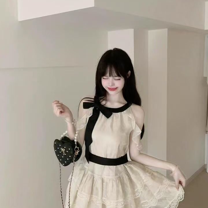 韩系氛围感穿搭法式露肩连衣裙女夏新款生日小礼服高级感蛋糕裙子