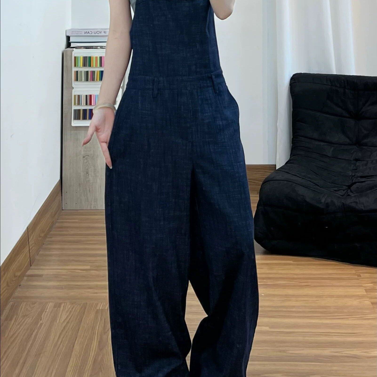 美式原牛色压褶直筒背带裤裤子女款2026夏季新款蝴蝶结减龄连体裤