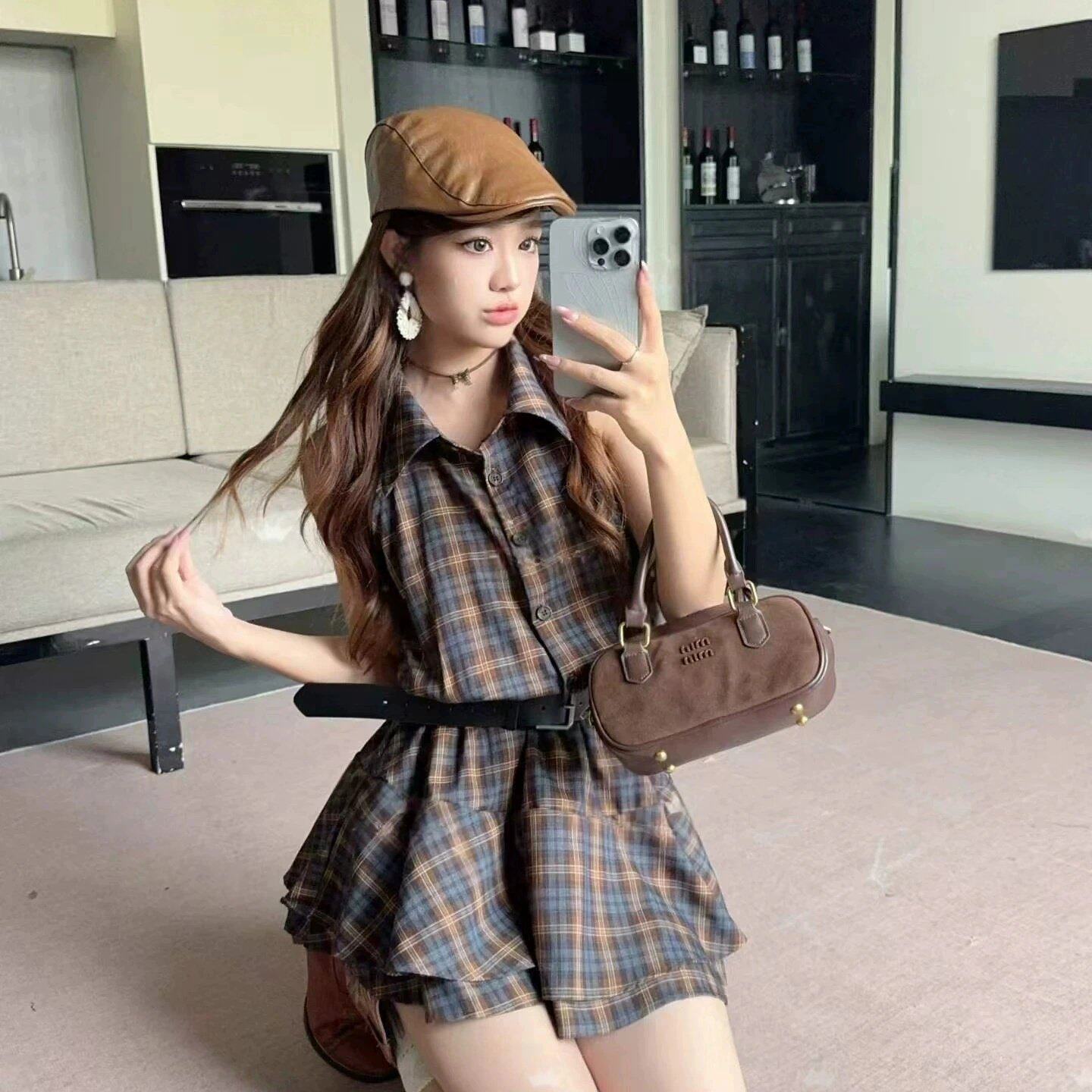 法式复古格纹无袖连衣裙女夏季收腰显瘦辣妹风衬衫裙小个子短裙