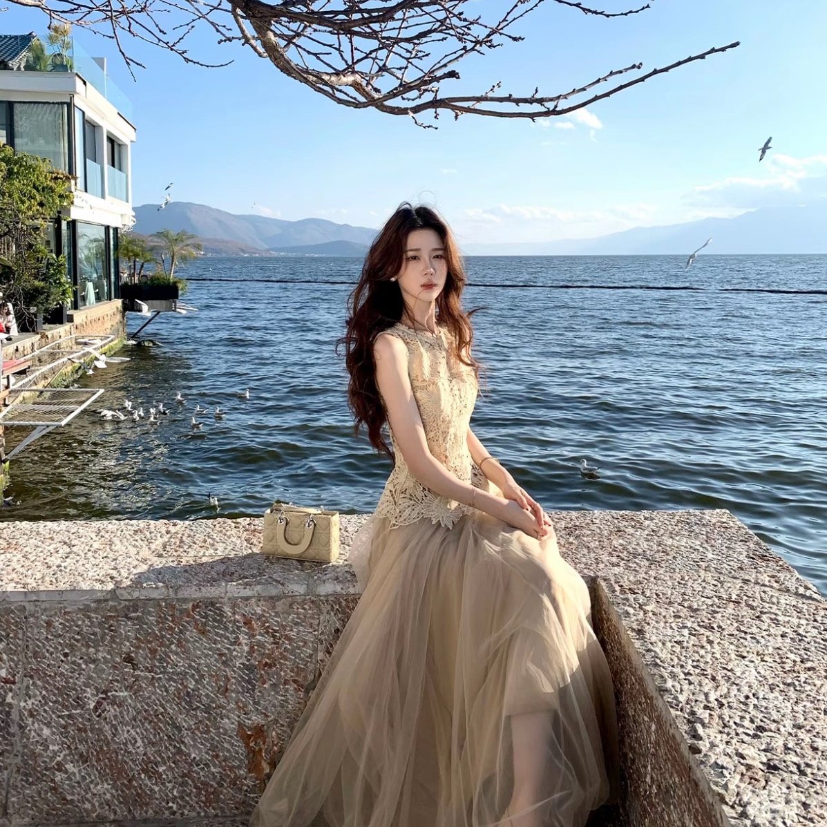 木子李的李云间落纱早春氛围感蕾丝花边上衣网纱半身裙套装