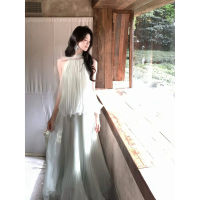 望山楹森系挂脖飘带连衣裙立体压褶设计氛围感仙女裙