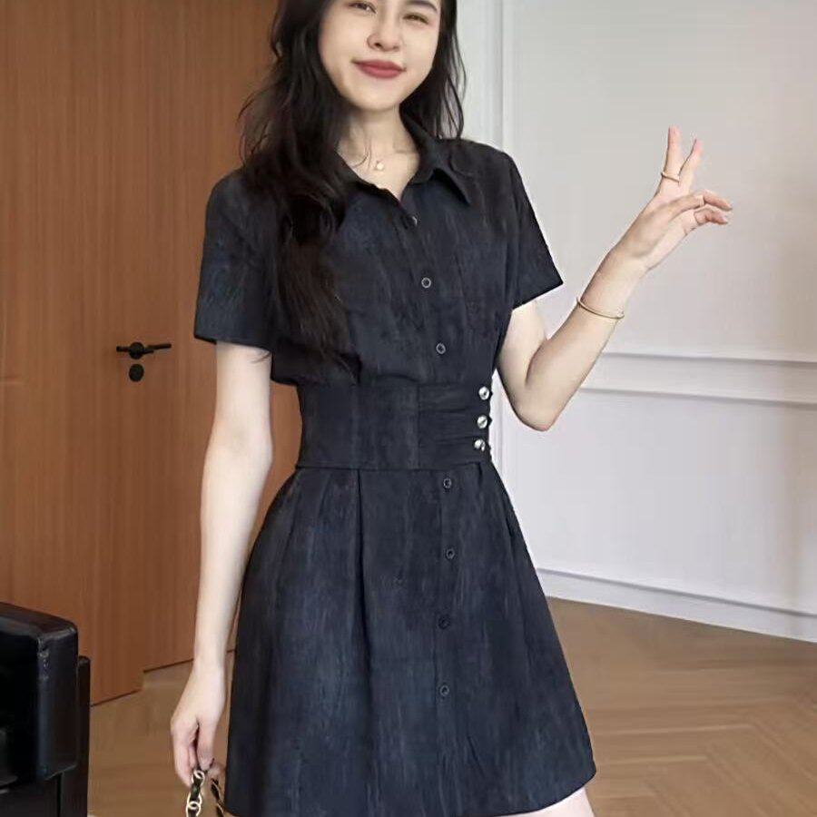 张阿星加州盛夏复古休闲polo领连衣裙牛筋收腰A字裙子女夏季