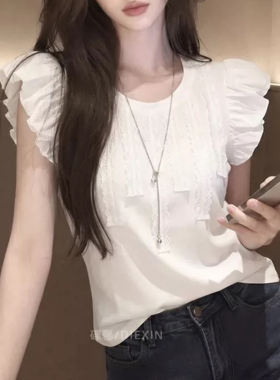 2026新款韩系夏季法式温柔风泡泡袖白色上衣女荷叶边系带休闲T恤