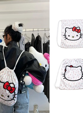 Kitty联名背包2025新款KT猫碎花可爱少女便携抽绳时尚卡通白色286