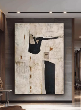 MHD手绘油画侘寂黑色客厅沙发装饰画走廊抽象立体肌理挂画玄关画