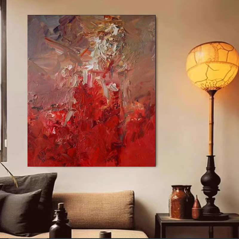 MHD手绘油画红色书房艺术抽象玄关挂画客厅沙发背景墙装饰肌理画