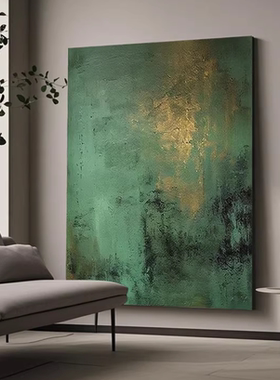 MHD极简客厅沙发背景画抽象绿色手绘油画大芬村高级感玄关装饰画