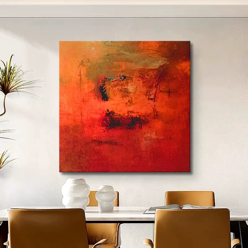 MHD纯手绘油画正方形沙发客厅装饰画红色现代简约餐厅抽象肌理画