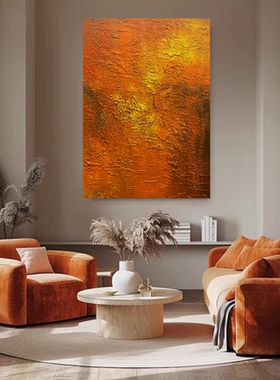 MHD手绘油画橙黄色油画肌理沙发抽象设计师搭配玄关背景墙装饰画