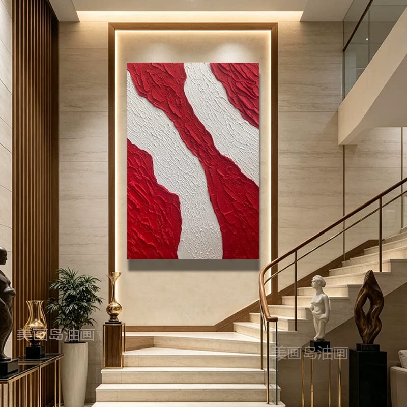 现代手绘油画《万事顺意》红色质感沙发抽象肌理装饰画高级大厅画