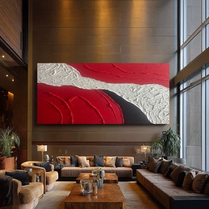 MHD手绘油画红色设计师配家装客厅玄关油画抽象画横板砂岩肌理画