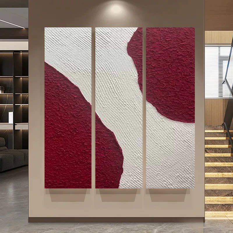 MHD手绘红色砂岩肌理油画《招财进宝》双联油画长条装饰画玄关画