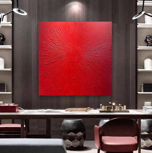 MHD手绘油画红色餐厅大厅肌理正方形设计师搭配画沙发书柜装饰画