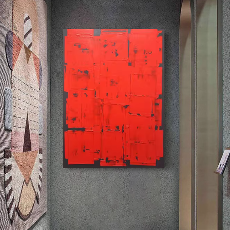 MHD原创手绘油画红色肌理玄关画客厅背景装饰画书房挂画走道油画图片