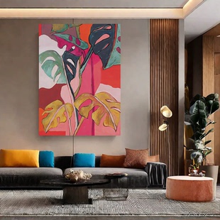 MHD纯手绘油画沙发花卉芭蕉叶高级感沙发背景墙挂画肌理画玄关画